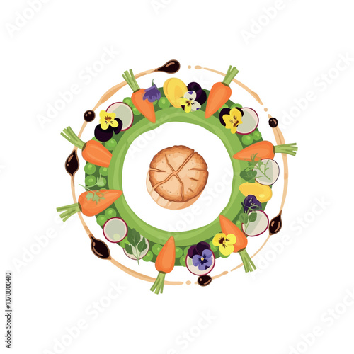 Assorted vegetables surrounding a bread loaf on a plate viewed from above