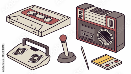 Retro 80s Tech Collection Cassette Player Joystick for Nostalgic Web Design or Gaming App Promotion Graphics