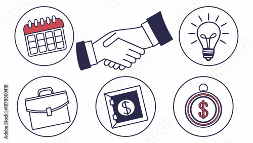 Handshake Deal Closing with Calendar Schedule, Money Finance, Briefcase, and Idea Lightbulb for Startup Growth and Partnership Success