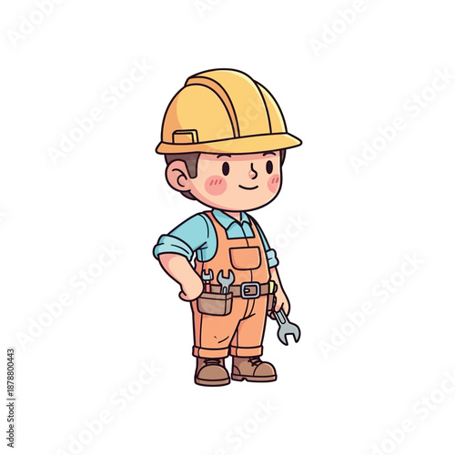 A cartoon illustration of a smiling worker wearing a yellow hard hat and overalls.