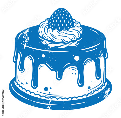 drawing of blue cake with strawberry on top isolated on white background