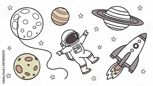Astronaut Floating Near Planets Rocket Stars Cute Outline Drawing for Kids Education Science Web Design Projects