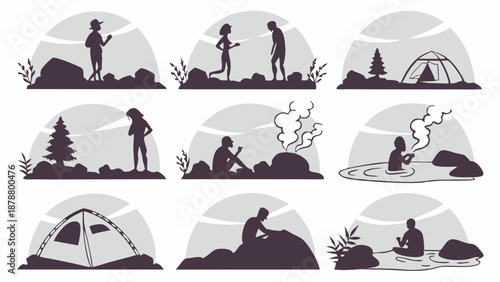 Outdoor Camping Adventure Silhouettes Set People Hiking Setting Up Tent Relaxing by Campfire for Travel Web Design Summer Vacation Banners