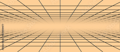 Perspective of wireframe room background. Realistic vector illustration of rectangle line grid box interior with white walls, ceiling, floor, corners. Abstract virtual space. Vector illustration.