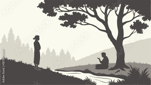 Two People Meeting Outdoors by Stream Under Tree Silhouette Spiritual Guidance or Counseling Session for Personal Growth and Reflection