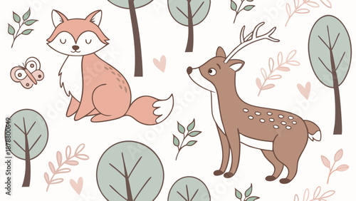 Cute Fox and Deer Woodland Seamless Pattern for Nursery Decor Baby Shower Invitations Kids Apparel Fabric Print Design