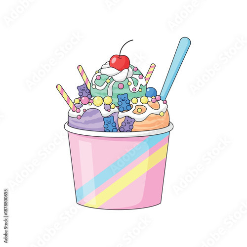 Colorful ice cream sundae with toppings in a pink cup on a white background illustration