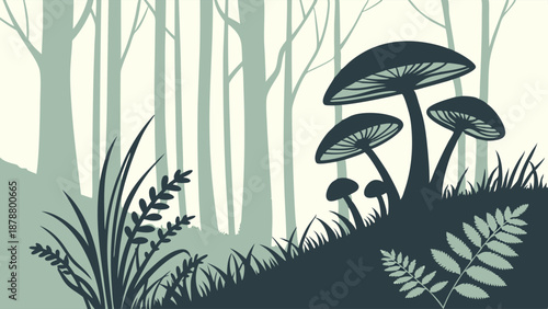 Mysterious Forest Silhouette with Dark Mushrooms and Ferns for Nature Background Design or Autumn Themed Projects