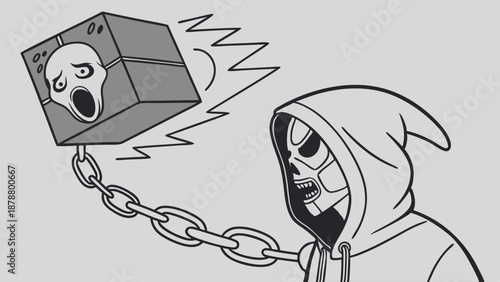 Chained Skull Cube Fleeing Hooded Figure Dark Fantasy Horror Metaphor for Burden or Fear for Web Design and Gaming Content