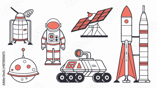 Space Exploration Icons Set Astronaut Rocket Rover Satellite Design for Science Education Technology Web Graphics