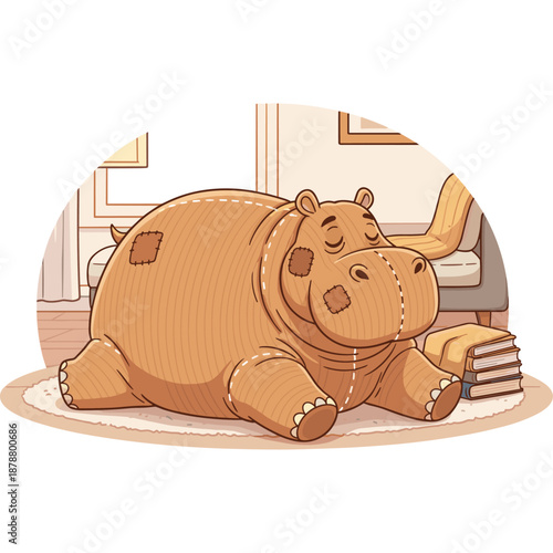 Hippo Beanbag Chair Vector Illustration with Tan Corduroy Texture and Stitching