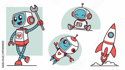 Cute Cartoon Robots with Wrench Flying Rocket for Kids Tech Education App Web Design Fun Illustration