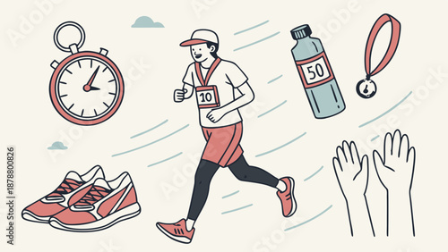 Runner Finishing Marathon Race with Stopwatch Medal Water Bottle and Cheering Hands for Fitness Web Design and Health Promotion