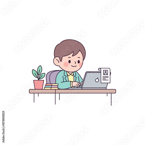 A boy is sitting at a desk working on a laptop with books and a plant.