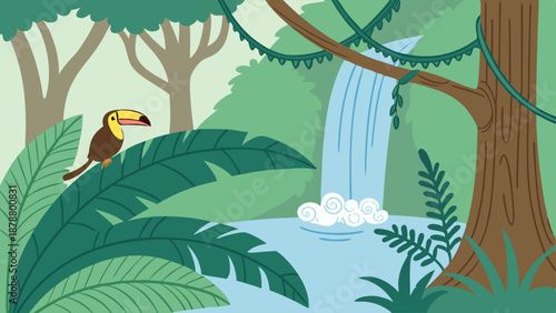 Vibrant Tropical Jungle Waterfall Scene with Toucan Bird Perfect for Nature Education Travel Brochures Wildlife Promotion Backgrounds