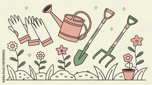 Gardening Tools and Blooming Flowers Illustration for Spring Home Improvement Web Banners and Seasonal Sale Advertisements