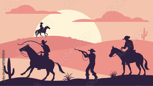Wild West Cowboys on Horseback Hunting or Herding Cattle During Desert Sunset Silhouette for Adventure Media Design