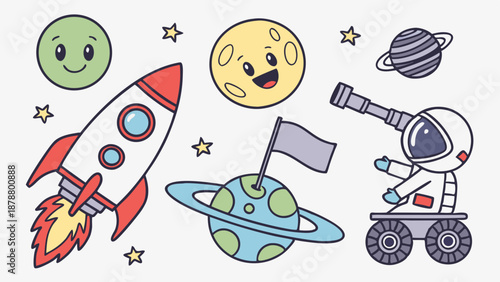 Cute Cartoon Space Exploration Icons Rocket Astronaut Planet Set for Kids Education Web Design Fun Adventure Graphics