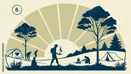 Outdoor Camping Adventure Silhouette Sunrise Scene for Travel Brochures Vacation Web Banners Adventure Tourism Promotion