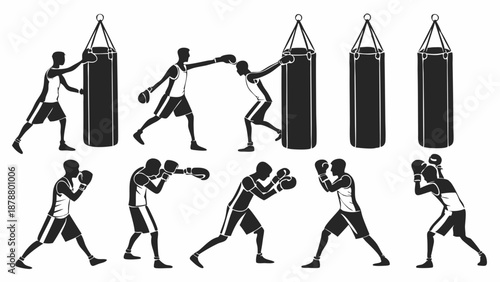 Boxing Training Silhouettes Hitting Heavy Punching Bag for Fitness Workout and Sports Website Design