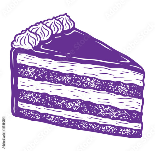 Illustration of a slice of purple cake with white frosting layers and topping