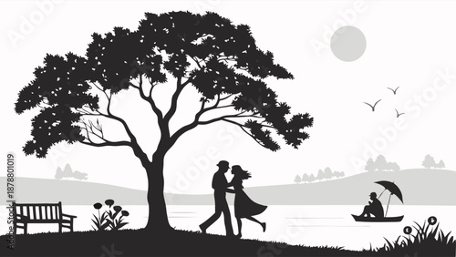 Romantic Couple Silhouette Under Tree by Lake for Love, Dating, Lifestyle Website Banners and Backgrounds