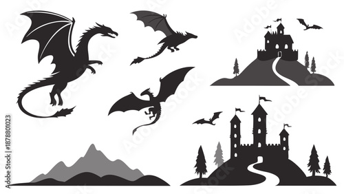 Epic Fantasy Dragon Attack Silhouette Set Medieval Castle Landscape Design Elements for Game Assets Adventure Storybook Illustration