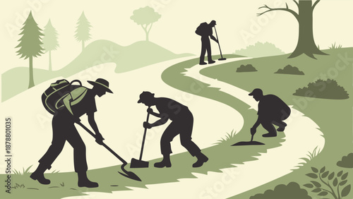 Outdoor Trail Maintenance Crew Working Together Restoring Hiking Path Environment Volunteerism For Conservation Projects
