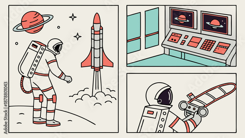 Astronaut Exploring Planet Surface with Rocket Launch and Space Mission Control for Science Education Web Design