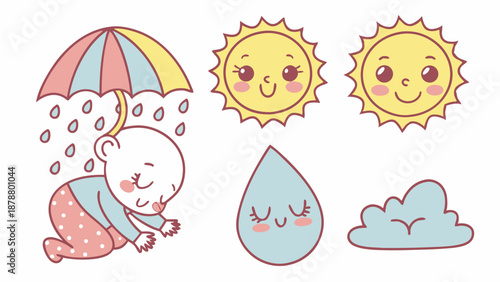 Cute Baby Sleeping Under Rain Umbrella with Sun Cloud Water Drop Weather Icons for Nursery Design