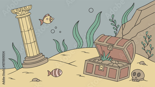 Underwater Treasure Chest Discovery with Sunken Ancient Column for Game Design Adventure Backgrounds