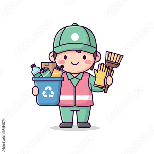 A cartoon character holds a recycling bin and cleaning tools with a cheerful expression.