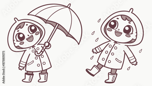 Cute Child in Raincoat and Boots Joyfully Playing in Rain with Umbrella for Weather Education or Seasonal Fun