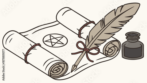 Ancient Scroll Parchment with Pentagram Symbol Quill Pen and Inkwell for Occult Ritual or Secret Document Design