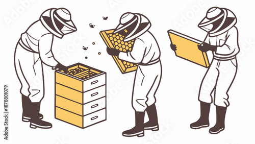 Beekeepers in Protective Suits Inspecting Honeycomb Frames from Hive Boxes for Sustainable Agriculture and Farming Education