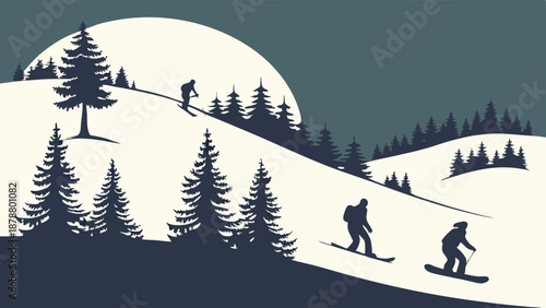 Winter Skiing Down Snowy Mountain Slope at Dusk for Sports Travel Website Design or Holiday Advertisement