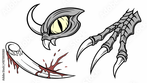 Fierce Monster Claw, Bloody Fangs, and Reptile Eye Graphic Set for Horror Game Design Tattoos or Apparel Prints