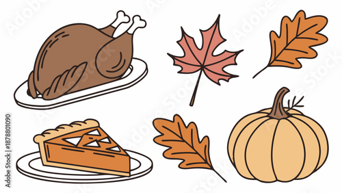Thanksgiving Dinner Icons Roasted Turkey Slice Pumpkin Pie Autumn Leaves Harvest Holiday Menu Design Elements