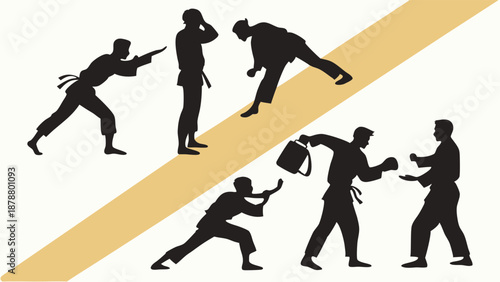 Martial Arts Self Defense Training Silhouettes Showing Attack Defense Techniques for Security Training Materials