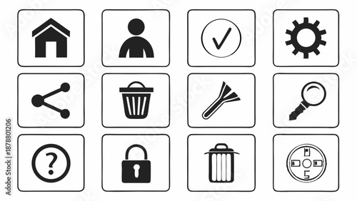 Essential Black and White UI Icon Set for Web Design App Development User Interface Navigation and Settings Management