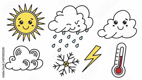 Cute Weather Icons Set for Children Education App Design Forecast Graphics for Kids Learning Materials