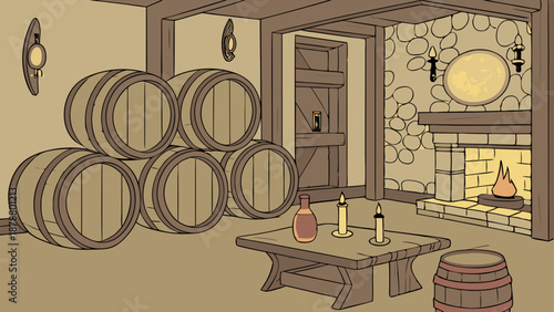 Rustic Wine Cellar Storage with Barrels and Fireplace for Beverage Industry Promotion or Cozy Tavern Ambiance Design