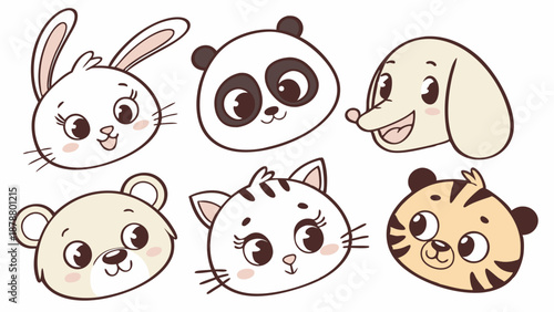 Cute Cartoon Animal Faces Set for Kids Education Nursery App Design Sweet Baby Shower Invitations Fun Vector Icons