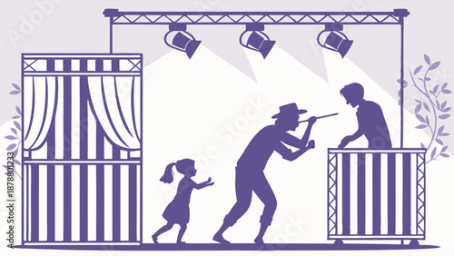 Silhouette of Family Enjoying Puppet Show Performance on Stage with Spotlights for Entertainment and Childhood Education Visual