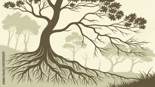 Deep Tree Roots Symbolizing Foundation Growth Stability for Environmental Ecology or Heritage Branding Design