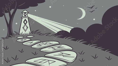 Mystical Rune Stone Path Leading to Guiding Lighthouse Beam at Night for Spiritual Journey and Direction