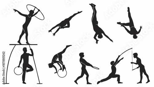 Gymnastics Acrobatics Silhouettes Performing Rhythmic Sports Feats for Fitness Training or Performance Art Design Elements