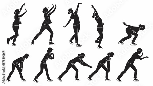 Dynamic Female Athlete Silhouettes Practicing Sports Movements for Fitness Training and Exercise Instruction Graphics