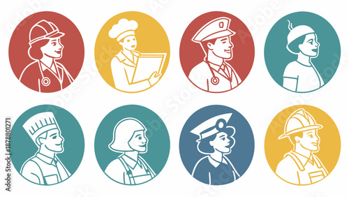 Diverse Workforce Icons Representing Essential Careers Like Doctor Chef Police Firefighter For Web Design