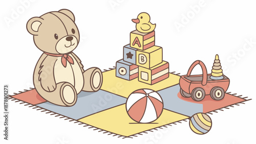 Cozy Childhood Playtime Scene with Teddy Bear Blocks and Balls on Quilted Baby Mat for Nursery Design or Toy Advertising